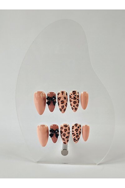 PİRAYE AKSESUAR 10'lu Pastel Renkler Leopar Desen Orta Badem Model Takma Tırnak