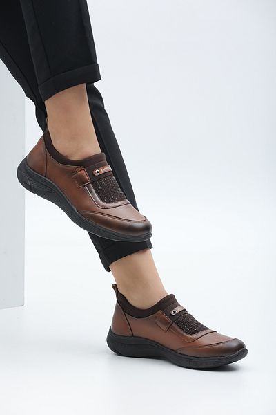 CICIKIZ Women's Brown Orthopedic Classic Leather Stone Embroidered Striped Ballerina Mother's Shoes