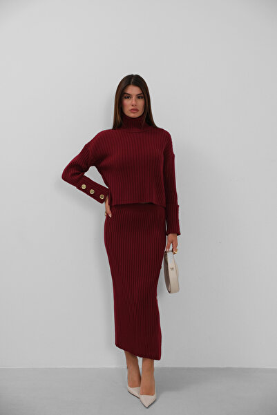 Black Fashion Button Detailed Turtleneck Sweater and Skirt Burgundy Knitwear Set