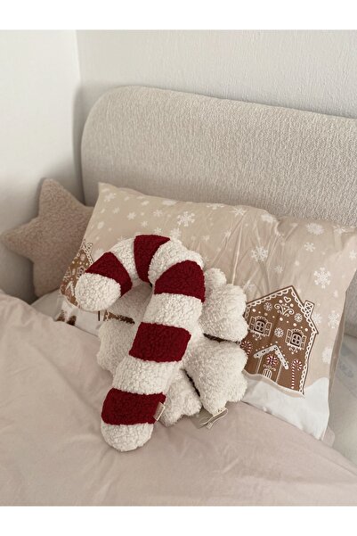 bohemoon Teddy Yılbaşı Baston Şeker Yastık Bordo Beyaz