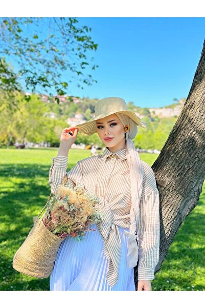 VıoShıne Kadın Çizgili Bürümcük Keten Gömlek Tunik