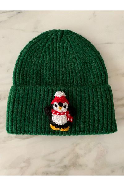 byebruketenci green wool beret with red scarf penguin punch luxury beret animal print