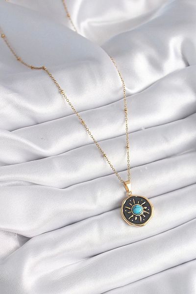 Store 316L Steel Gold Color Blue Bead Sun Engraved Medallion Model Women's Necklace
