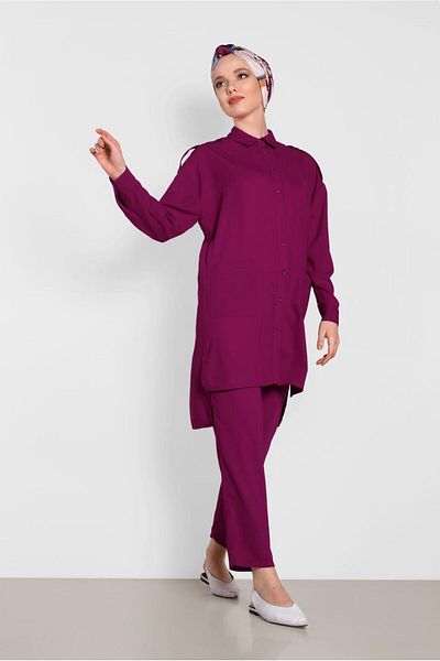 TRENDTESETTÜR Purple Bougainvillea Women &Apos; S Set - Two Pants with Buttons and Pocket Detail t 4322