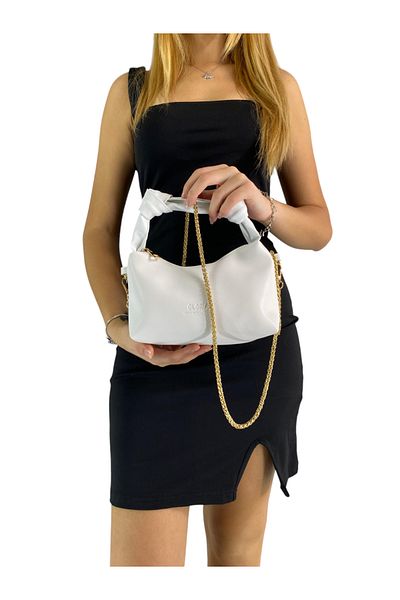 Gloria Women's Soft White Leather Knot Detailed Handled Chain Strap Mini Hand Shoulder Baguette Bag