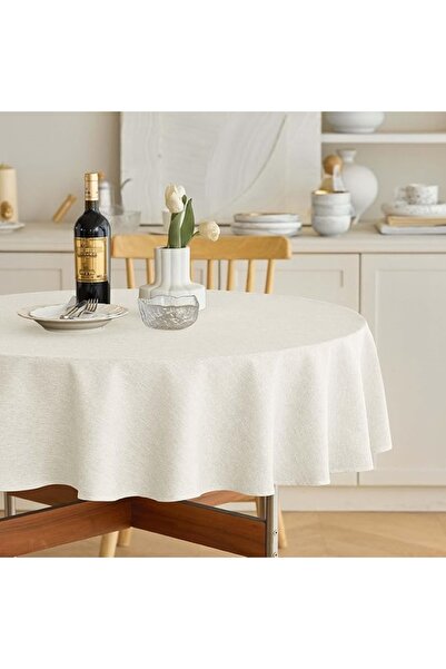 Erba kreasyon Tablecloth 100% Cotton Linen Beige Color Round Table Cloth 130 cm