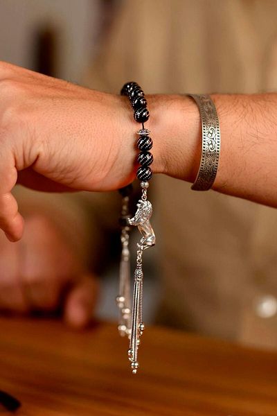 dergah tesbih Lion Figure Full Silver Design Oltu Stone Zaza Rosary