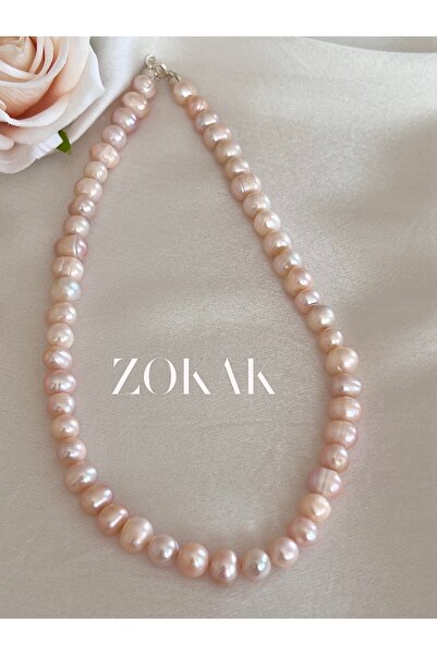 Zokak Sertifikali Gerçek pembe Inci kolye 925 Ayar Gümüs Dogal Tas pembe inci inci kolye,