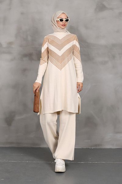 MODAQU Maya Glitter Knitwear Σετ τουνίκ και παντελόνι - Κρέμα