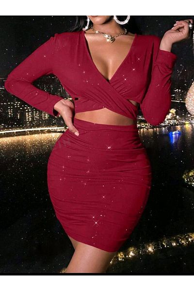 Lacis Silvery Crossbody Cut Long Sleeve Breast Discounted Mini Bodycon Dress