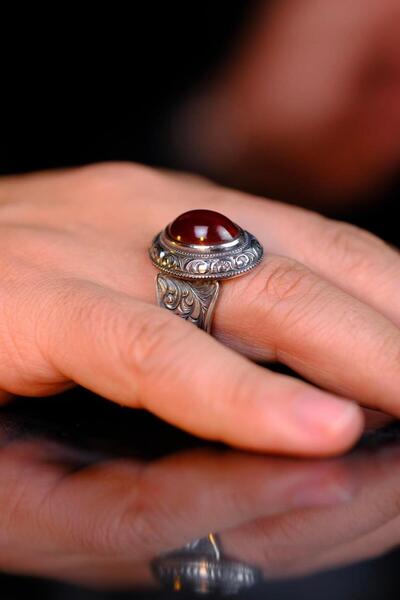 dergah tesbih Osmanlı Sıkma Kehribar Koleksiyonluk Gümüş Yüzük Usta El işçiliği (Sadettin)