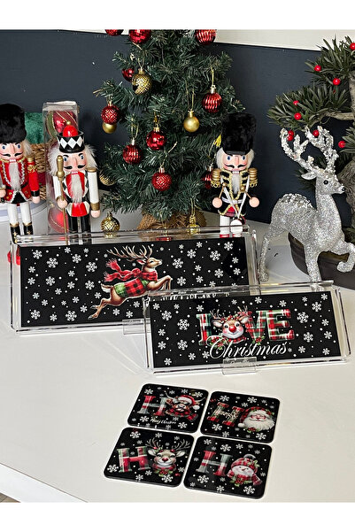 Queen Bee İstanbul Yılbaşı Yeni Yıl Temalı Pleksi Tepsi Seti - Bardak Altlığı Hediyeli -