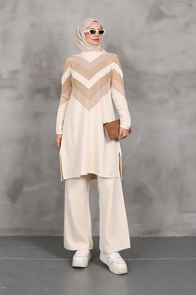 MODAQU Maya Glitter Knitwear Σετ τουνίκ και παντελόνι - Κρέμα