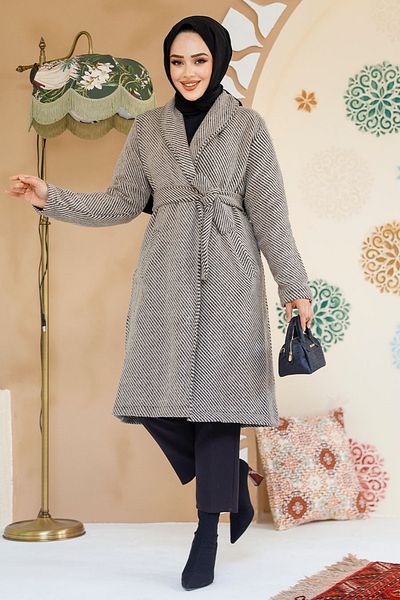 Neva Style Șapcă Hijab cu dungi bej - 60012BEJ