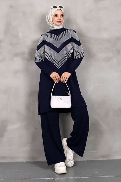 MODAQU Maya Silvery Double Knitwear Tunic Trousers Set - Navy Blue