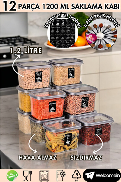 welcomein 12'li 1200ml Sızdırmaz Dikdörtgen Erzak Saklama Kabı Seti 20 Adet E...