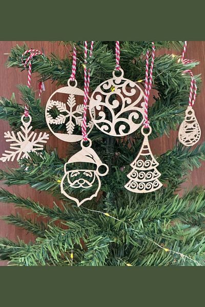 Buffer ®   6 Pieces Red and White Drawstring Christmas Father and Snowflake Model Wooden Christmas Tree Ornament