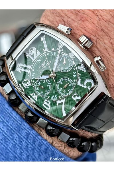 FERRO Men's Wrist Watch - Black Leather Band, Green Dial Numbers, Function Bracelet Rosary