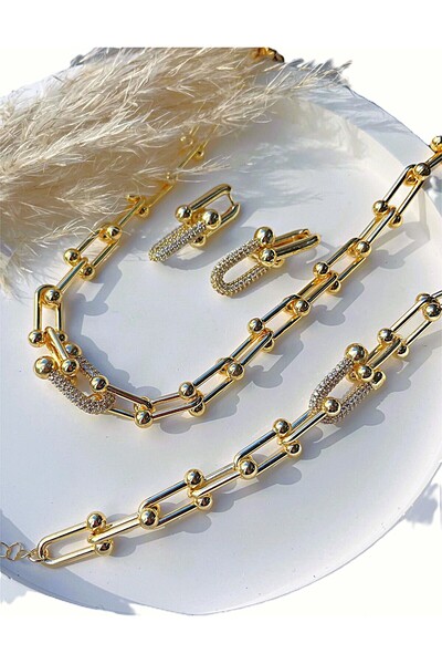 Passionis Jewelry Gold Tifany Zincir Sade Kolye Bileklik Küpe 3 Lü Takım