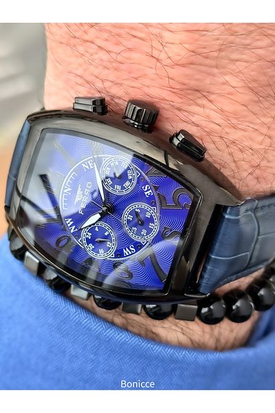FERRO Ferrro Brand Navy Color Leather Cord Functions Active Men Wristwatch Bracelet Rosary