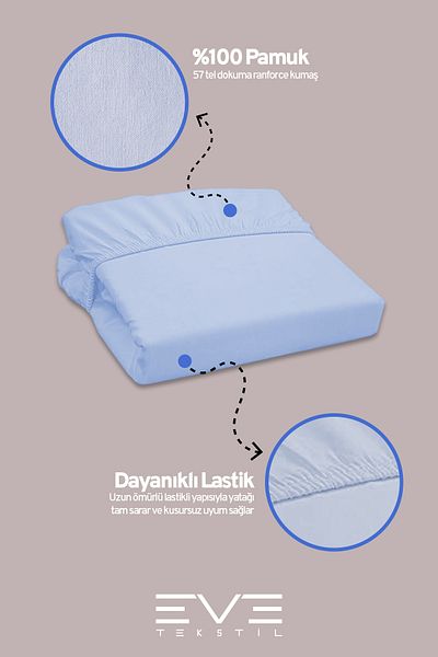 Eve Tekstil 100% Natural Cotton Single Rainforce Fabric Elastic Sheet and Pillowcase Set