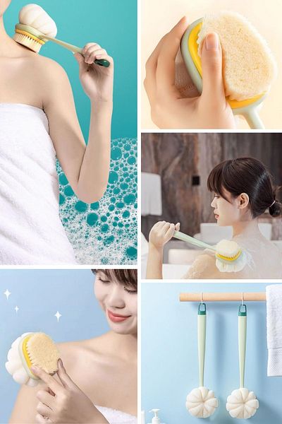 Buffer ®   2-in-1 Double-Sided Long Handle Brushed Bath Body Back Brush - Washcloth