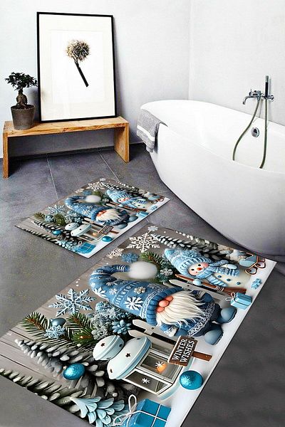 Else Dekor Else Blue Σετ 2 Cute Gnomes - Πρωτοχρονιάτικο πλενόμενο αντιολισθητικό σετ καθισμάτων τουαλέτας και χαλάκι μπάνιου