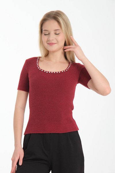 Su Moda Pulover de damă din tricot brodat cu gât în ​​U - mânecă scurtă, angora cu lycra
