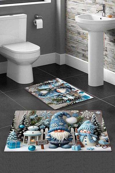Else Dekor Else Blue Σετ 2 Cute Gnomes - Πρωτοχρονιάτικο πλενόμενο αντιολισθητικό σετ καθισμάτων τουαλέτας και χαλάκι μπάνιου