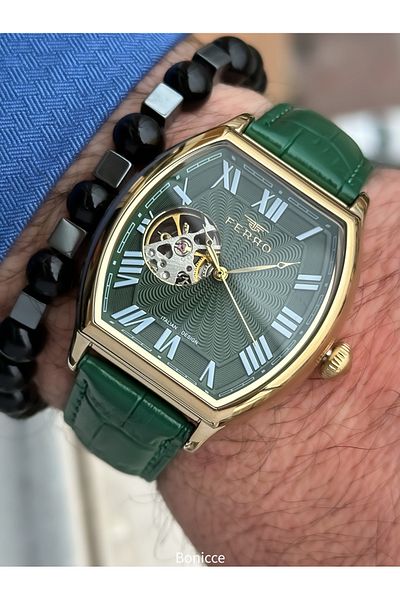 FERRO Ferrro Brand Green Leather Band Automatic Men Wrist Watch Bangle Rosary