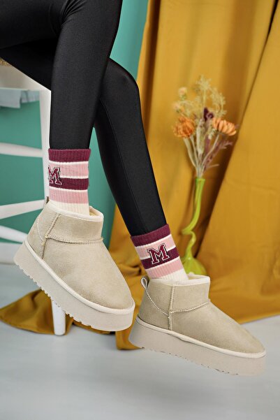 Aymood Women's Nude Suede Ankle Boots with Feather Inside Thick Sole Shoes