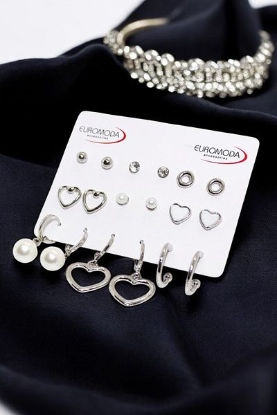 EUROMODA Heart and Pearl Earrings Design Ring Solitaire and Ball Earrings Set of 9 Earrings