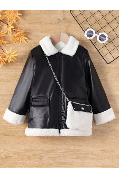 shop peluş detaylı suni deri mont ve canta