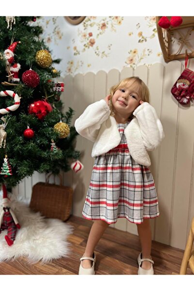 miabambim Ekose Desen 2'li Kız Çocuk Kürklü Jile Takım Beyaz