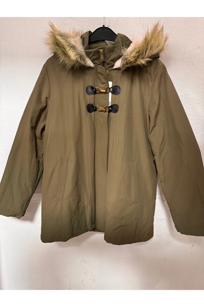 Robin ROBİN Kadın Kapüşonu Tüylü Kürklü Gabardin Kumaş Kaban