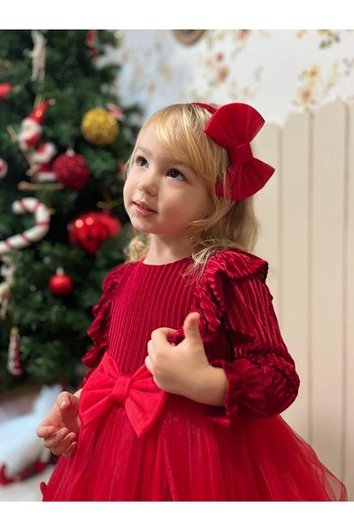 miabambim Red Velvet Dress and Bandana Set for Girls - with Fluffy Skirt