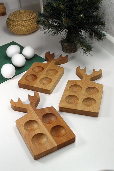 Teknofors (SET OF 3) 4-Piece Egg Cup with Deer Handle 100% Beech Wood