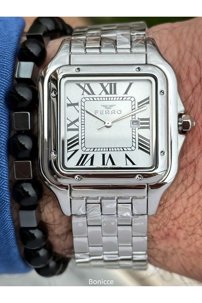 FERRO Silver Color Steel Band, White Roman Numerals Dial, Square Case Men's Wrist Watch+ Rosary Bracelet