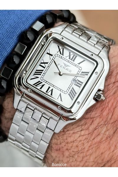 FERRO Silver Color Steel Band, White Roman Numerals Dial, Square Case Men's Wrist Watch+ Rosary Bracelet