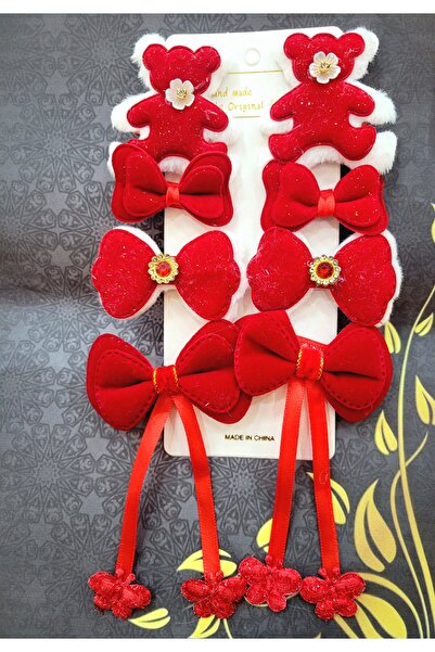 GÜLPEŞE 8 Li Kırmızı Çocuk Tokası Mickey Mouse Kalp Çicek Fiyonk Sallantılı S...