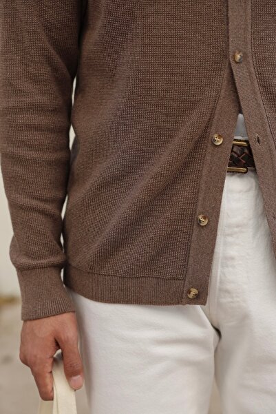 hateko Ζακέτα πλεκτό πουκάμισο με γιακά από 100% βαμβάκι ανοιχτό καφέ βάφλα