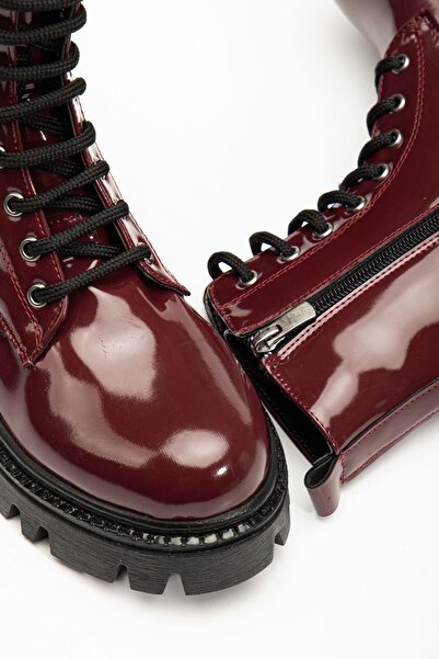Aymood 812-356 Claret Red Patent Leather Laced Zippered Daily Women's Boots