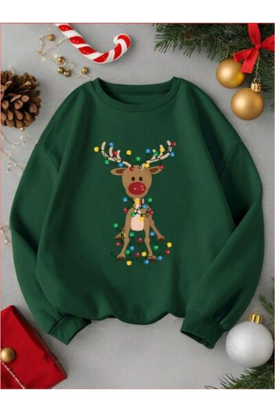 MELADYAN Kız\Erkek Çocuk Yılbaşı Geyik Baskılı Bisiklet Yaka Sweatshirt