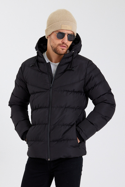 Rompasso معطف منتفخ بغطاء للرأس وقابل للإزالة ومزود بجيب مقاوم للبرد للموسم الجديد باللون الأسود للرجال