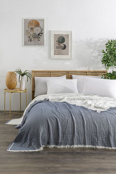 ZEYPBA Double Sided 3 Layer Muslin Bedspread - Navy Blue/Ecru Tufted Muslin Pique