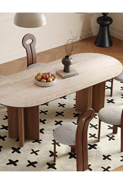 MIARIK DESIGN Asabo Ahsap Ayaklı Traverten Mermer Yemek Masası