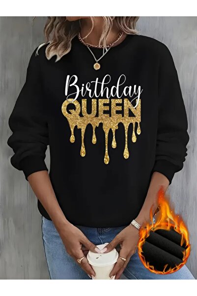 WOODROFFE Hanorac negru oversize pentru femei La mulți ani - decolteu, imprim...