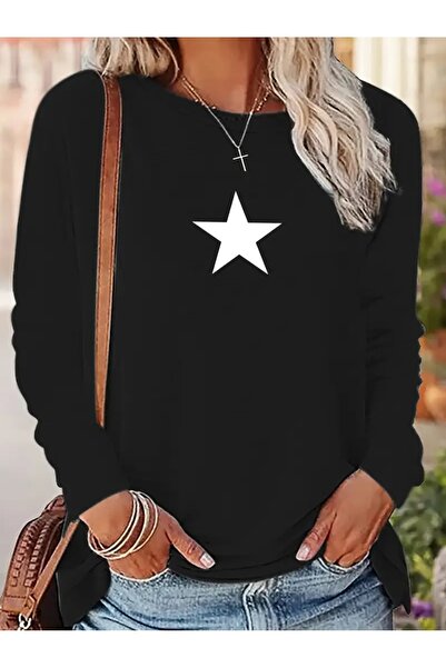 WOODROFFE سويت شيرت نسائي أسود كبير الحجم برقبة دائرية وطبعة نجمة