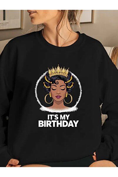 WOODROFFE Hanorac negru oversize pentru femei La mulți ani - decolteu, imprim...