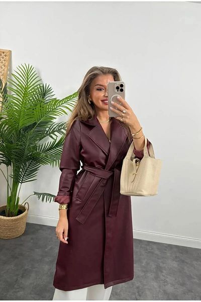 candybia Women's Belted Burgundy Leather Trench Coat